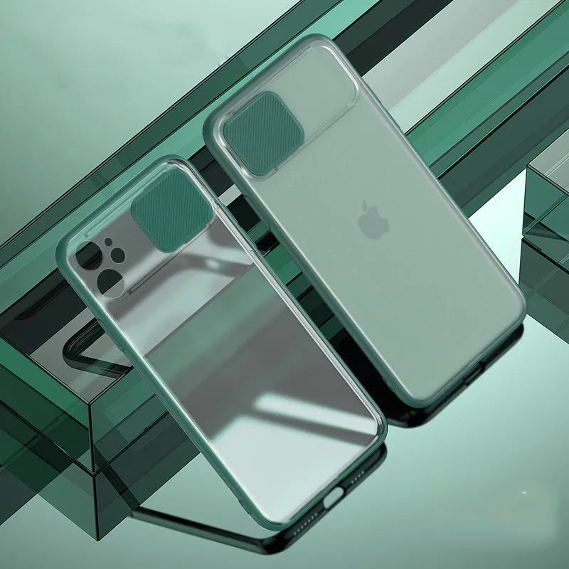 A lens sliding phone case for iPhone showing colour options: Black, Green, Pink, Purple, and Red.