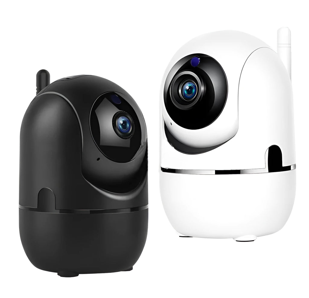 Compact black WiFi security camera with stand, 1080P HD indoor monitoring, night vision and motion detection