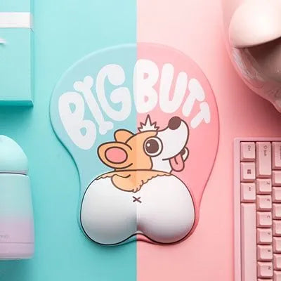 Corgi design 3D mouse pad with wrist support, 26cm x 21.8cm, non-skid PU base, available in blue, green, pink, yellow