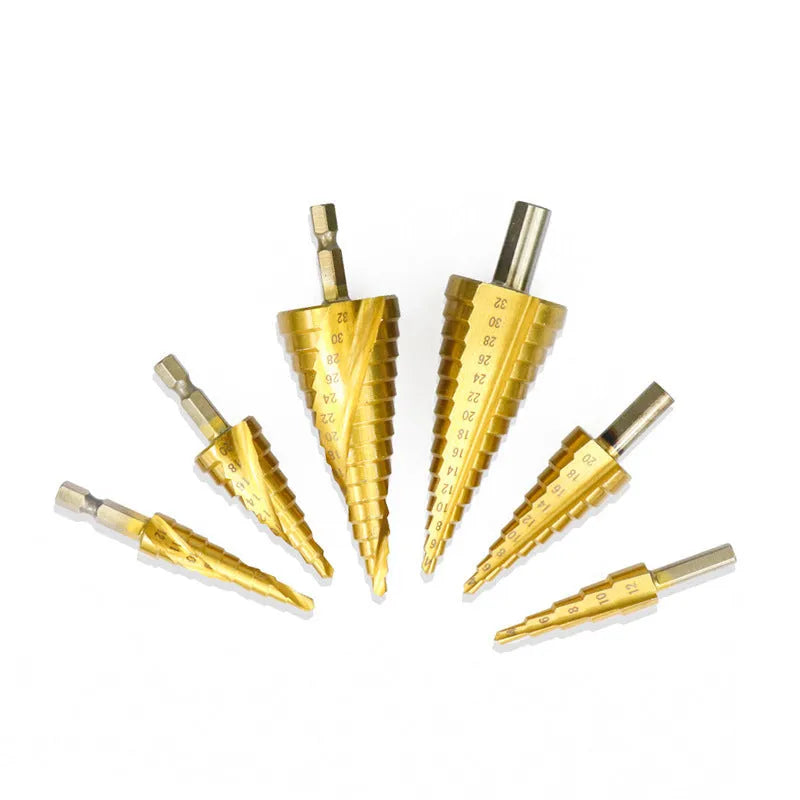 High speed steel cone drill bit and centre punch set showing colour-coded options and step drill design