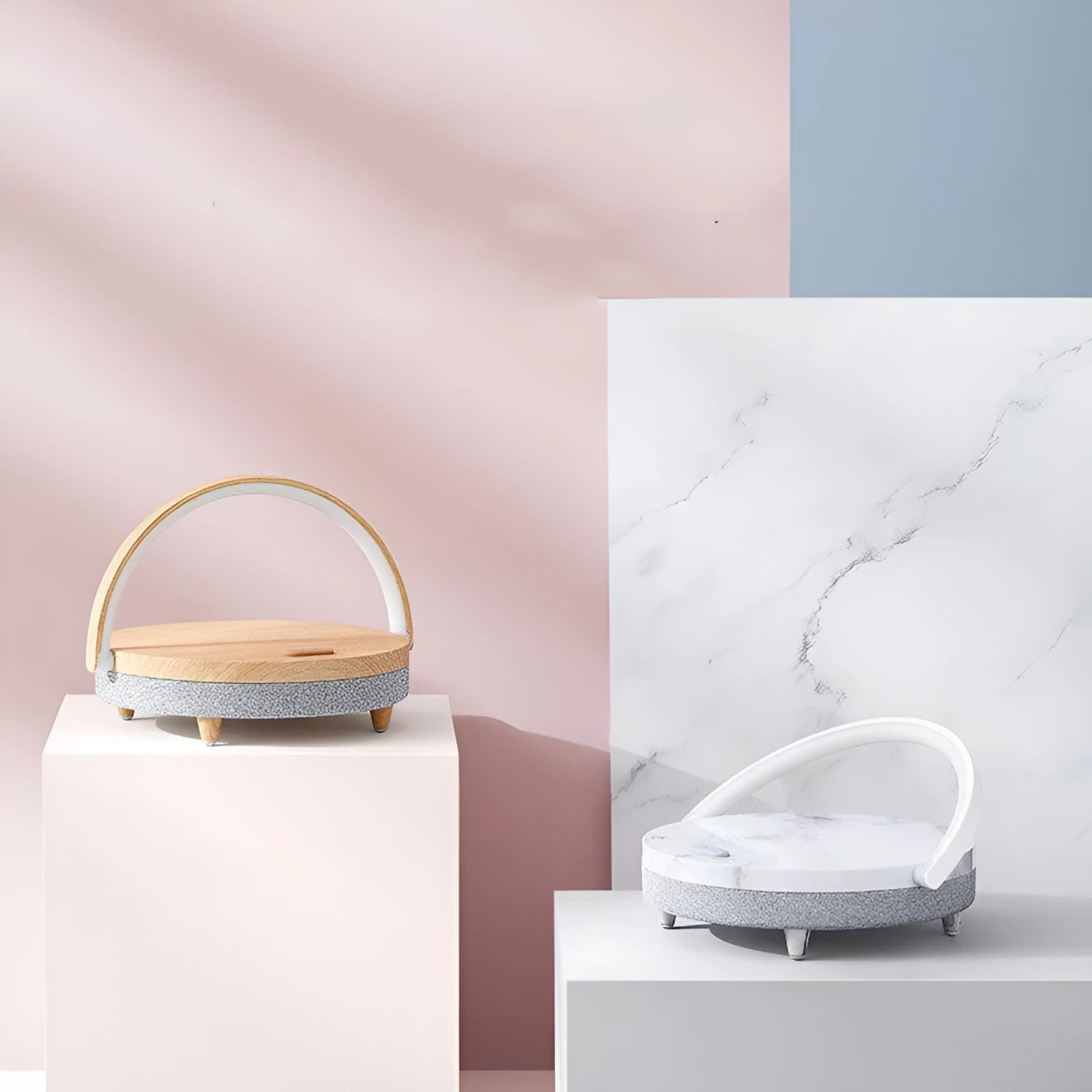 Marble pattern wireless charging LED night light with Bluetooth speaker and phone holder on a wooden nightstand.