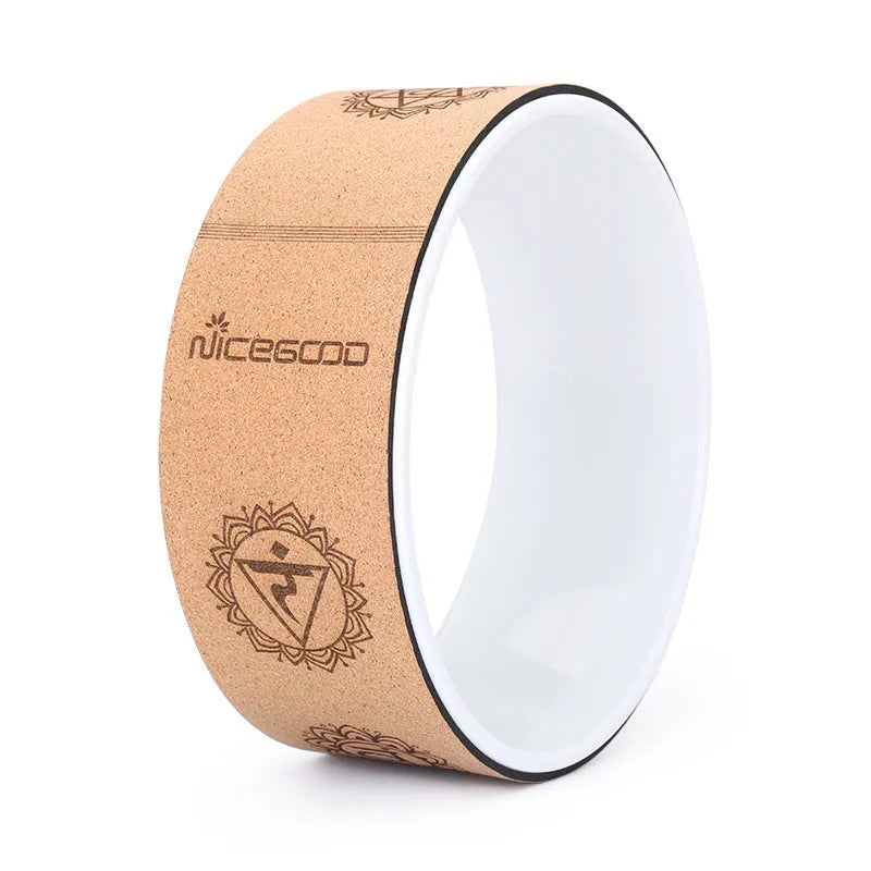 Cork yoga wheel 32cm diameter 12.5cm wide in classic black or ivory white with natural cork rubber and ABS construction