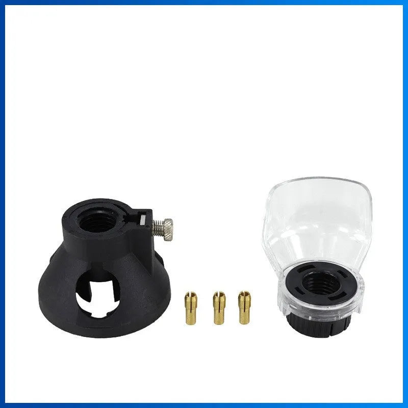 Black drill dust cover set with transparent protective cover and three copper chucks.