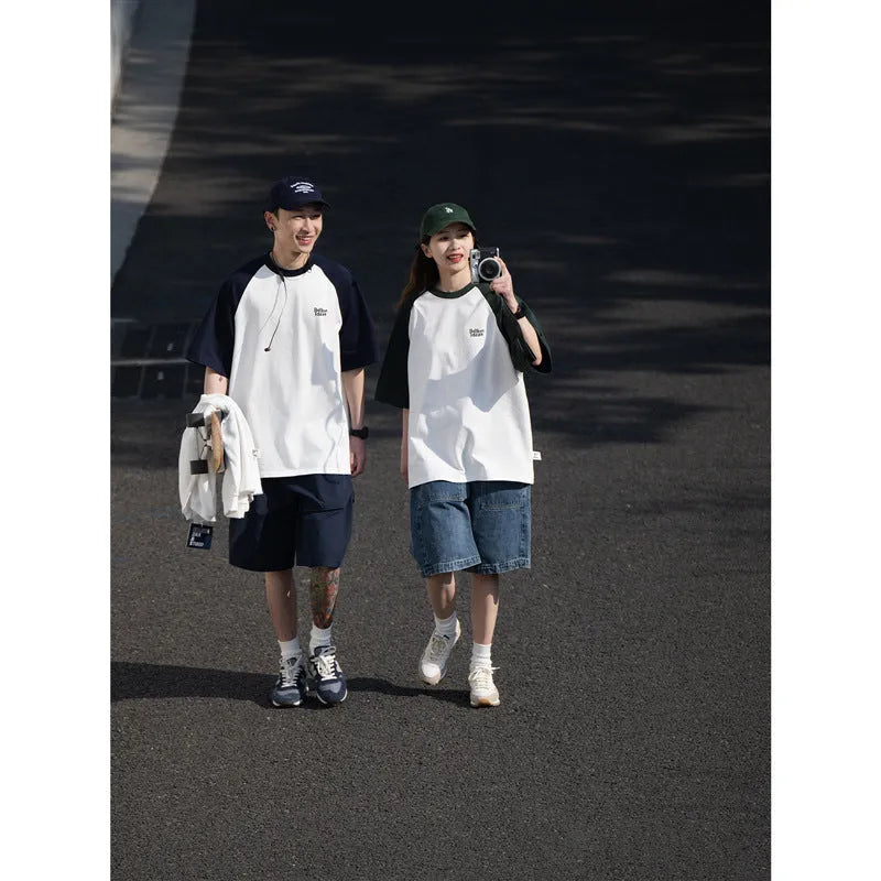 Men's casual blue raglan sleeve t-shirt with Japanese junior style pattern design loose fit