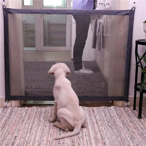 Portable folding pet separation barrier with woven nylon mesh and stainless steel poles, 74cm tall, 182cm wide, black or yellow.