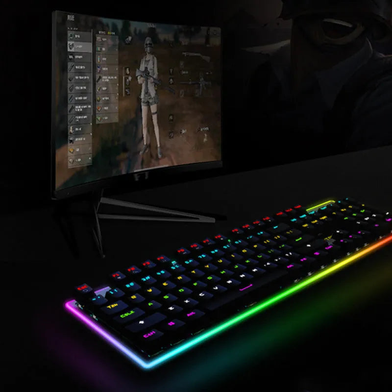 Real mechanical keyboard with RGB backlighting, USB wired connection, metal body, and 104 keys in a full-size layout
