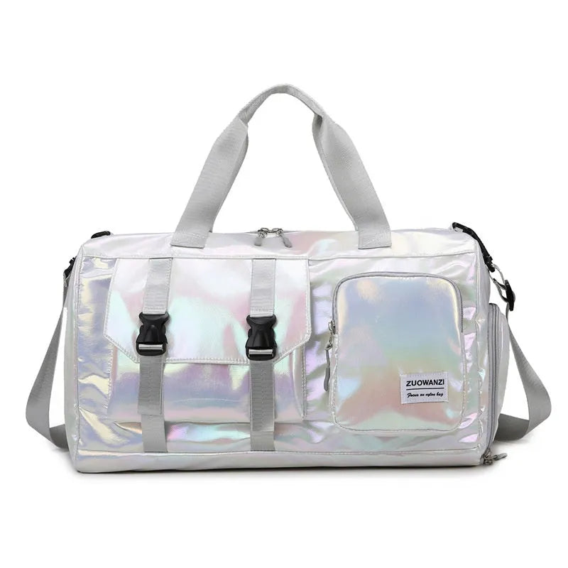Pearlescent yoga fitness bag with rainbow pattern, dry-wet separation, 20-35L capacity and polyester lining
