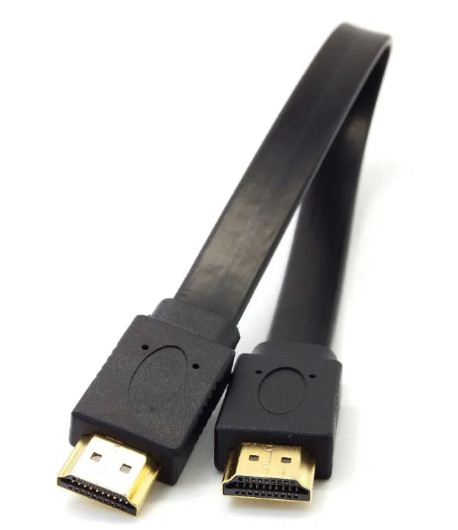 Flat HDMI cable with HDMI connectors showing length options from 0.3 metres to 10 metres