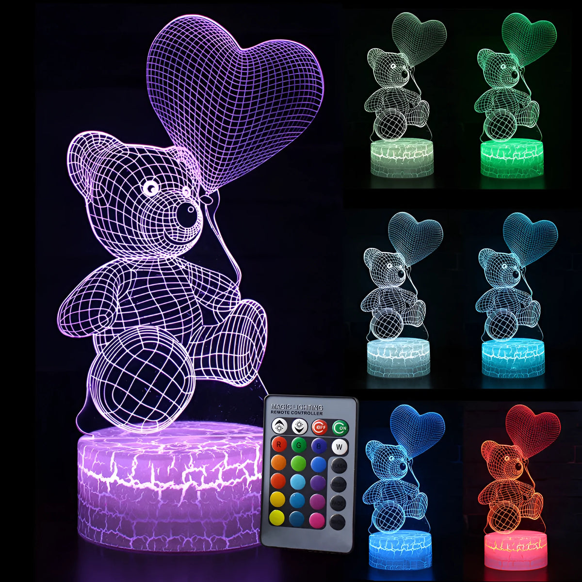 3D cute bear creative night light with colourful acrylic shade and LED source, shown as a shaped night light for home or hotel use.