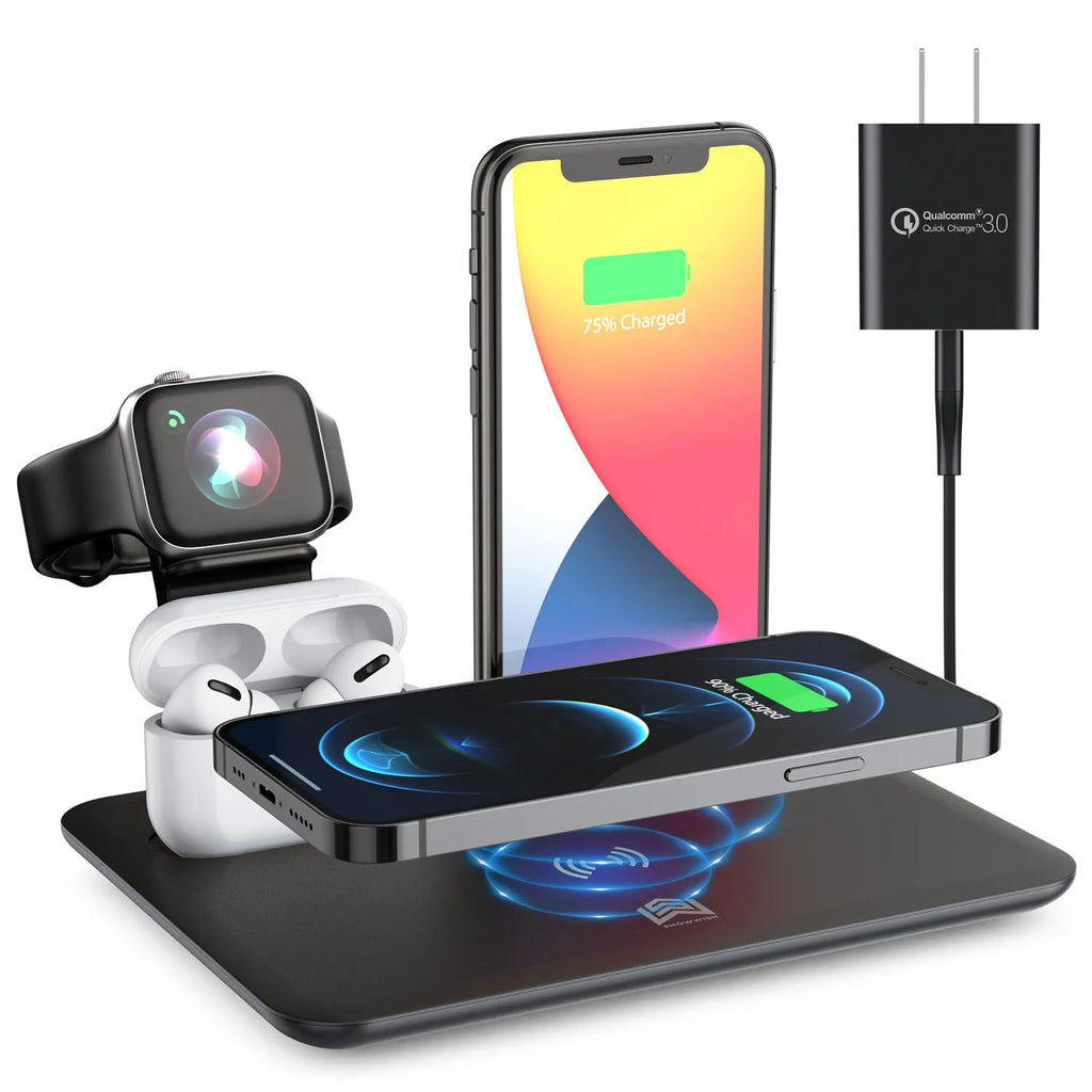 Black or white desktop wireless charging station bracket for phones, headphones and watches