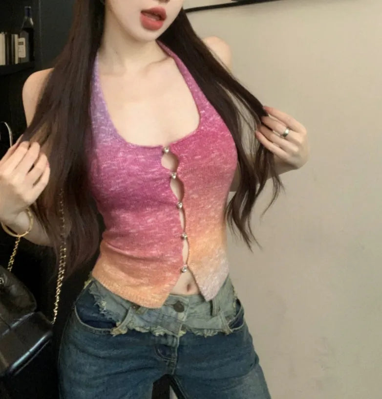 Pink knitted halter-neck vest for women sweet style polyester v-neck