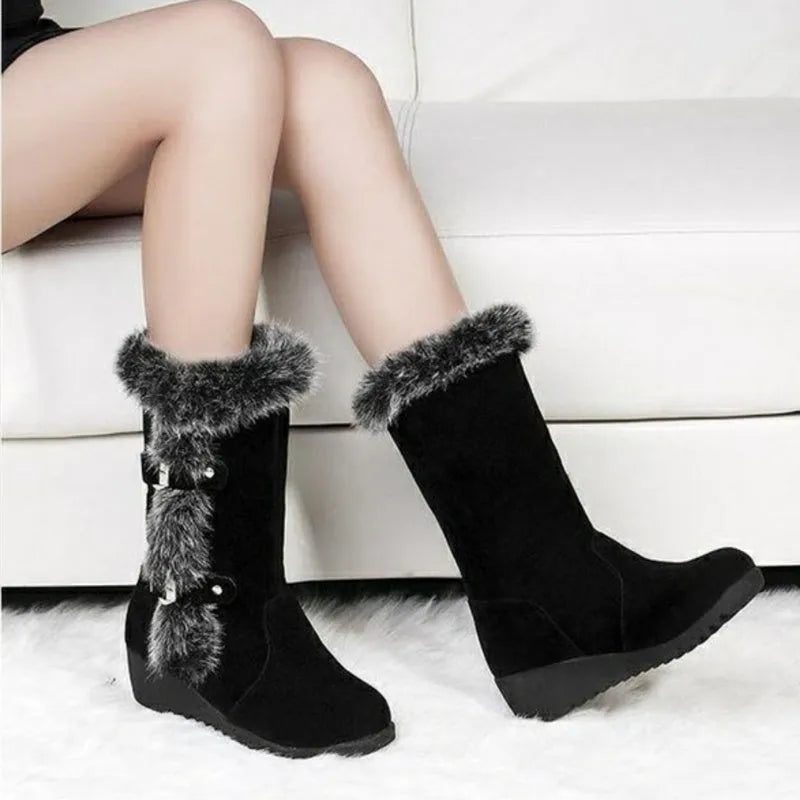 Women's mid-calf winter snow boots with faux fur lining, slip-on round toe and low heel, black or light brown