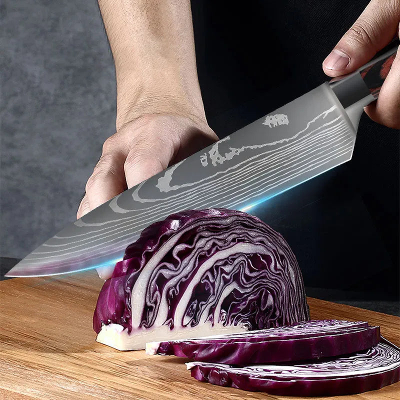 Kitchen chef knife with laser Damascus pattern on 5Cr15 steel blade and colour steel handle