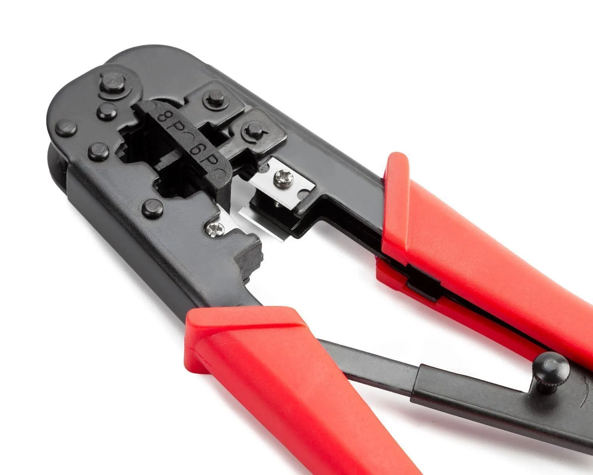 High carbon steel crimping tool with 40Cr cutter head, round mouth, and red flame retardant PC and PVC handle for cable.