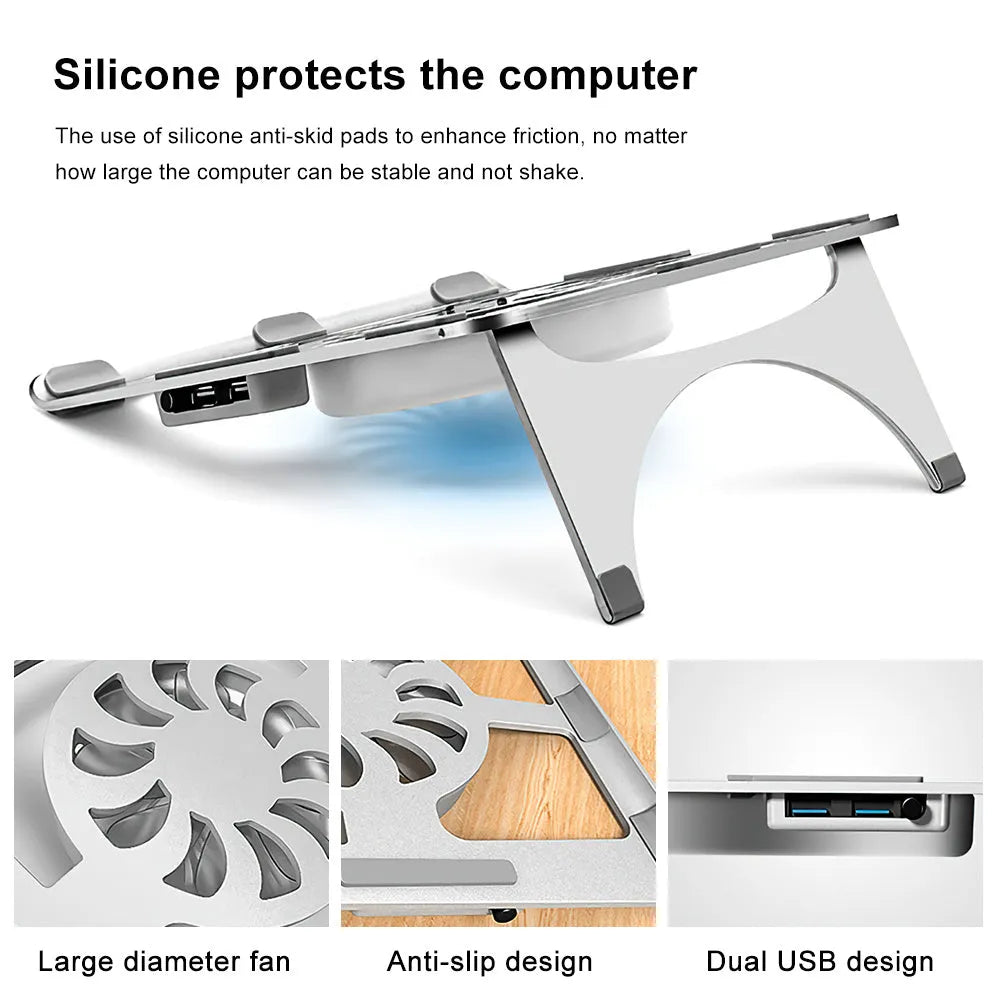 M9 silver aluminium alloy folding laptop stand on desk with closed legs