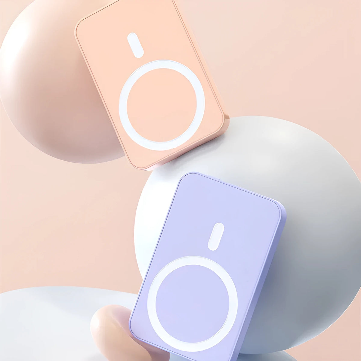 Mobile wireless magnetic plastic power bank in pink purple white colours showing 20000mAh capacity