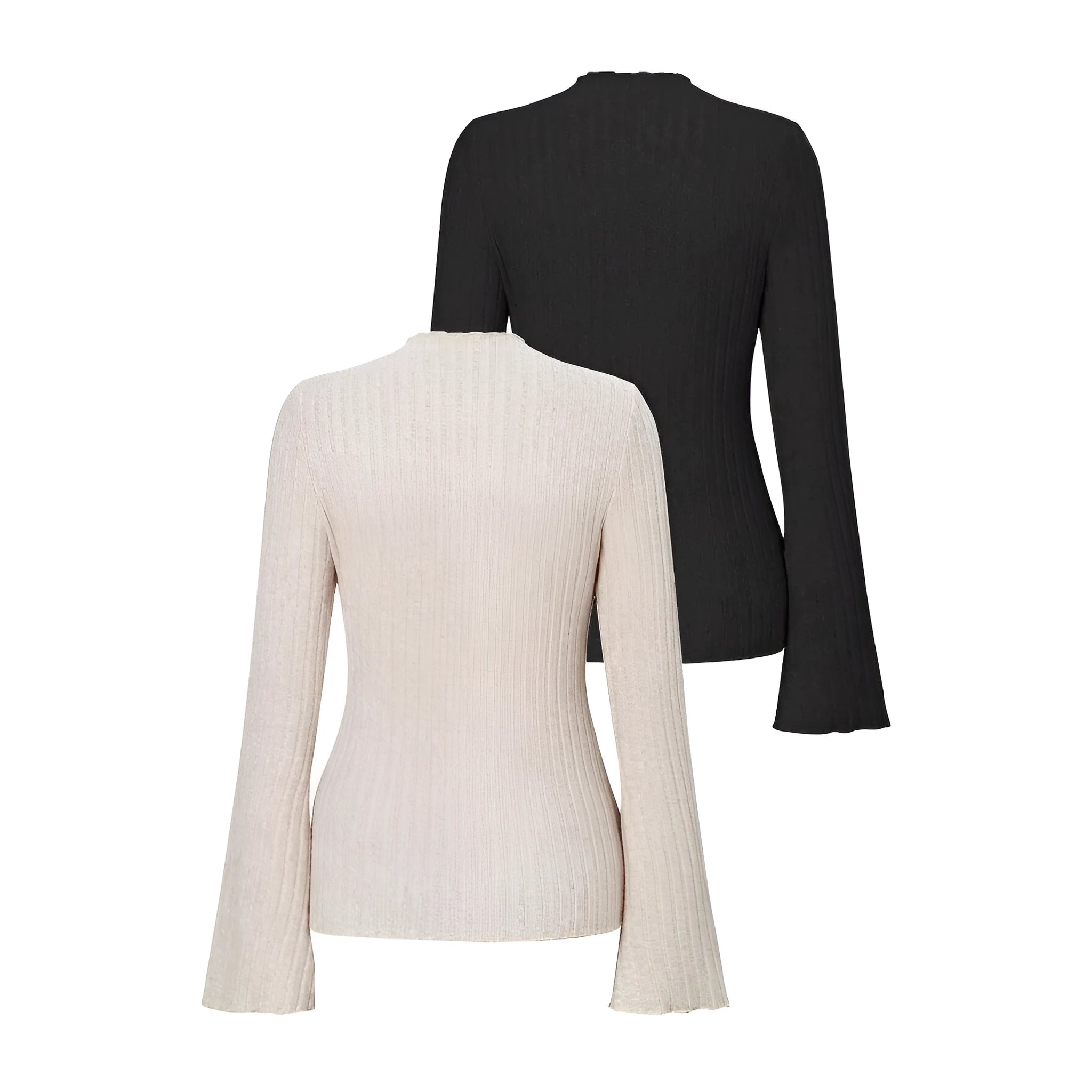 Black long sleeve slim fit top with lantern sleeves and a sunken stripe pattern