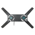 Foldable USB laptop cooling pad with two 6cm fans, alloy body, anti-slip feet, open size 27 x 18 x 2.2cm