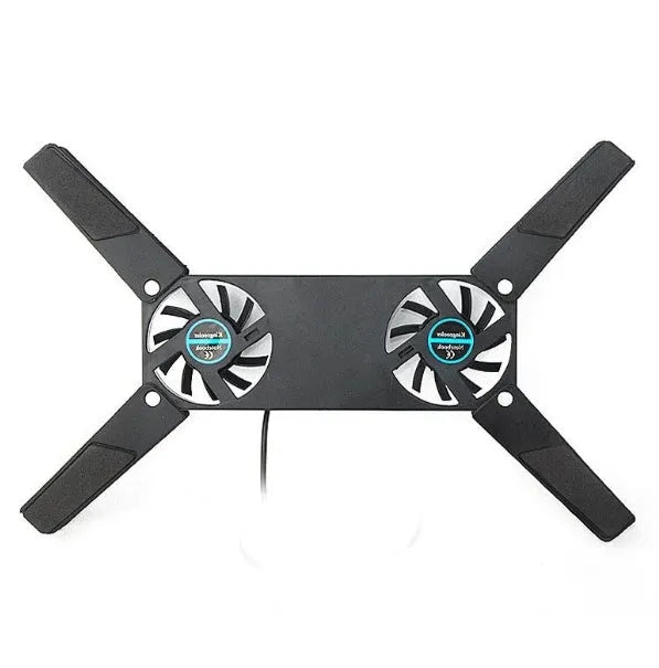 Foldable USB laptop cooling pad with two 6cm fans, alloy body, anti-slip feet, open size 27 x 18 x 2.2cm