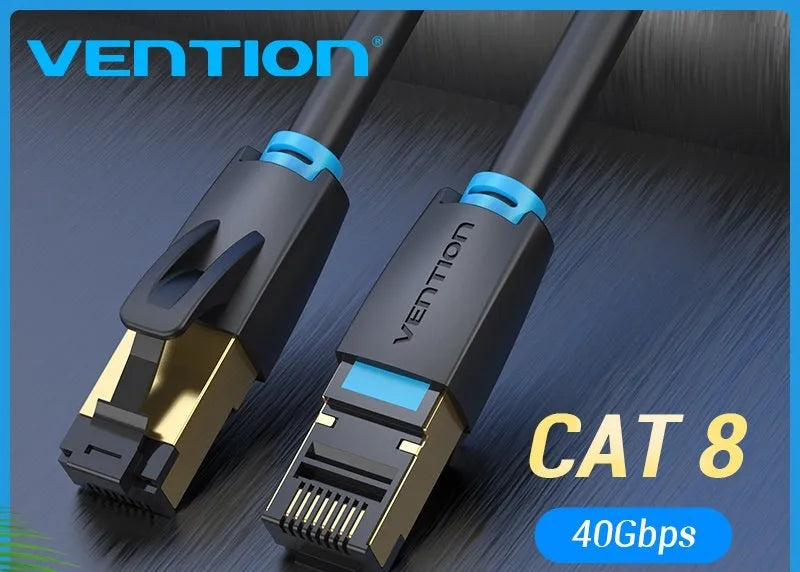CAT8 shielded flat and round ethernet cables with RJ45 connectors in various lengths from 0.5 to 10 metres