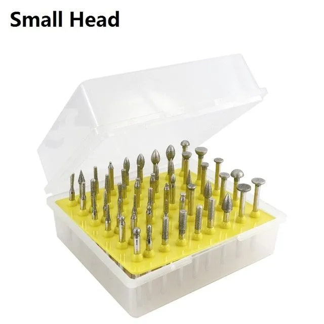 Set of alloy diamond grinding heads with elliptical cone shape and 3mm shank for rotary tools.
