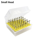 Set of alloy diamond grinding heads with elliptical cone shape and 3mm shank for rotary tools.