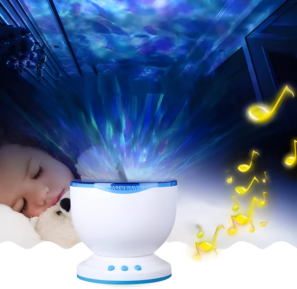 A blue ocean-themed LED projection lamp displaying aquatic imagery on a wall.