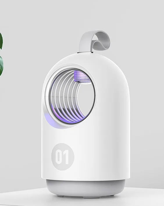 White or blue portable USB mosquito killer lamp with a top carry handle.