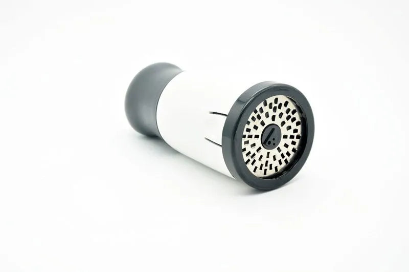 Stainless steel rotary cheese grater 17cm tall with black and white finish, hand crank and two blades
