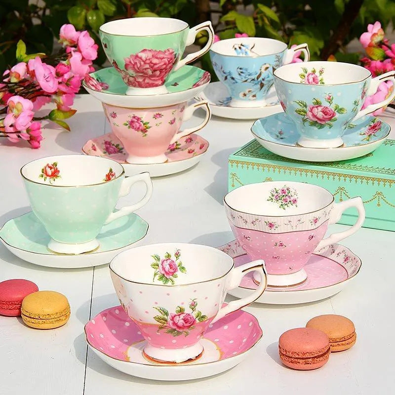 Porcelain ceramic plates and cups set with saucer in European pastoral style for coffee and dining