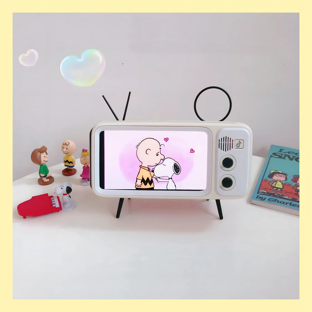 Retro TV shaped wooden phone stand with Bluetooth speaker, 3.5mm jack, 198x73x108mm