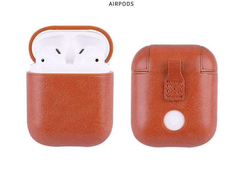 Leather protective case for Apple AirPods charging case in black, brown, red, and light brown options.