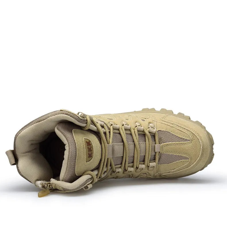 Men's black US Army Delta tactical boots with rubber sole for outdoor hiking and camping.