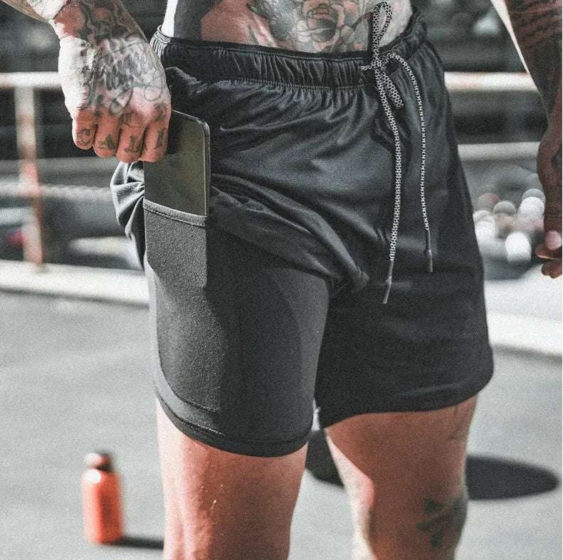 Nylon pocket compression shorts in black, moisture wicking and quick drying, sizes S to 3XL