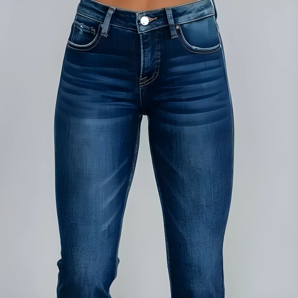 Women's solid colour cotton denim jeans with hand-worn detailing in dark blue and light blue.