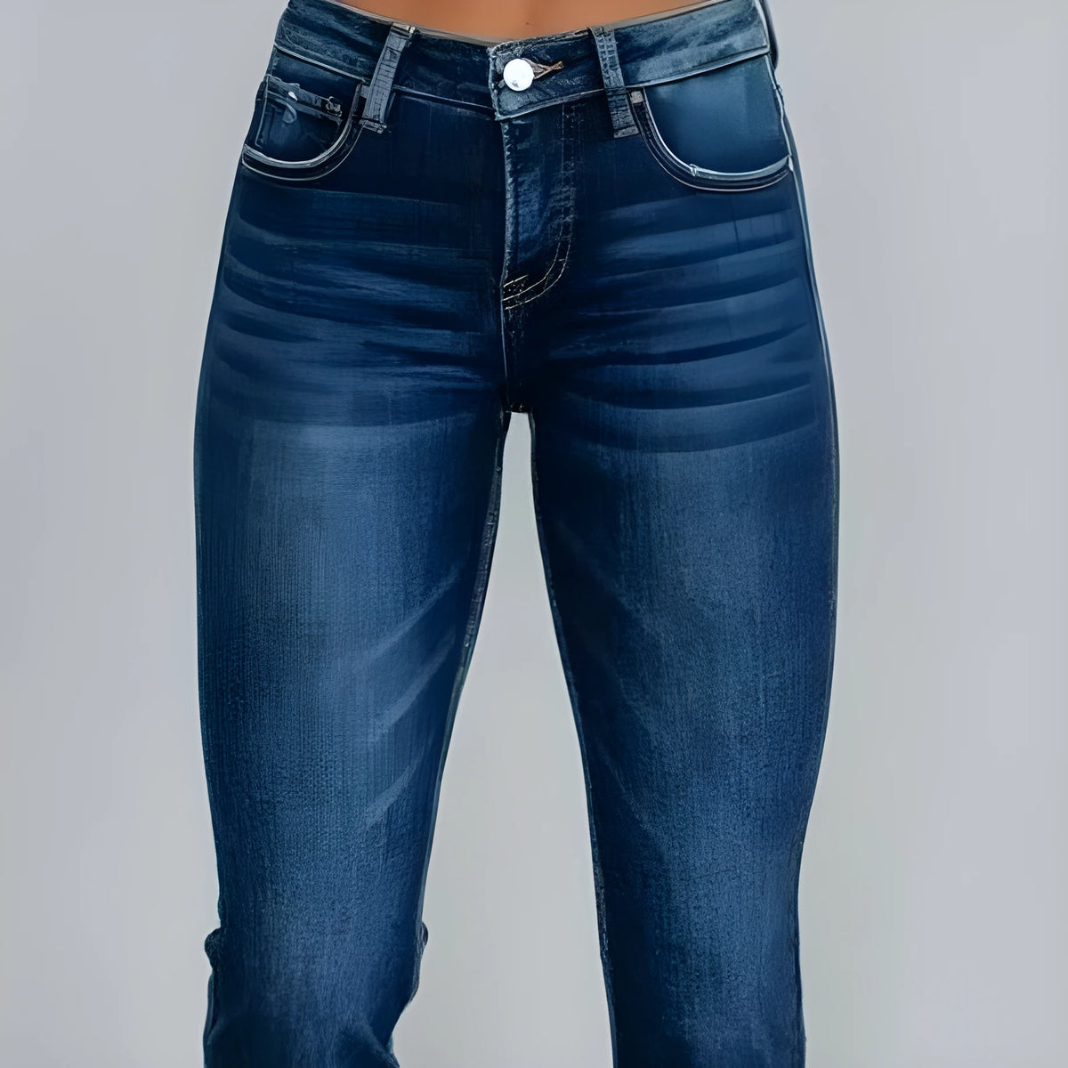 Women's solid colour cotton denim jeans with hand-worn detailing in dark blue and light blue.