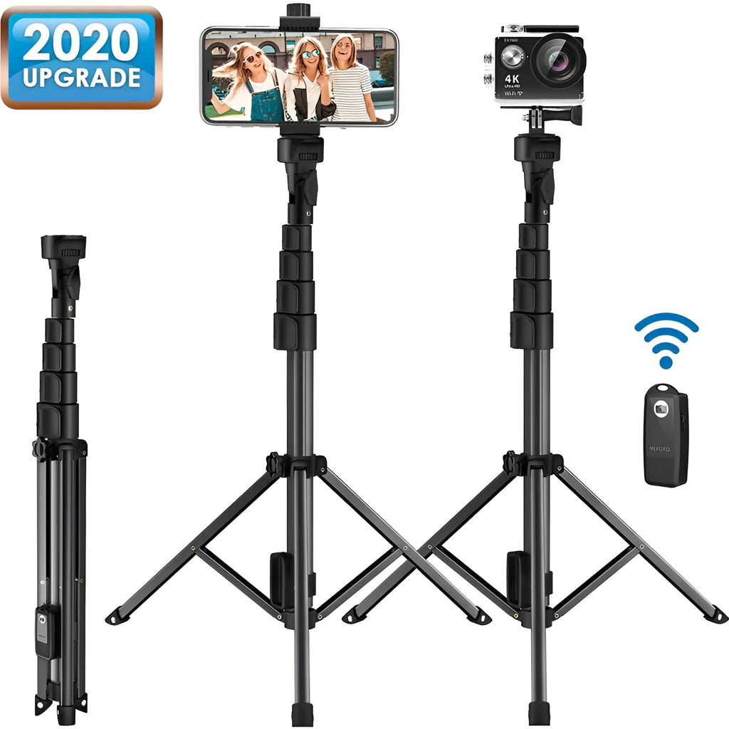Black aluminium selfie stick tripod extended showing five sections with iPhone mounted