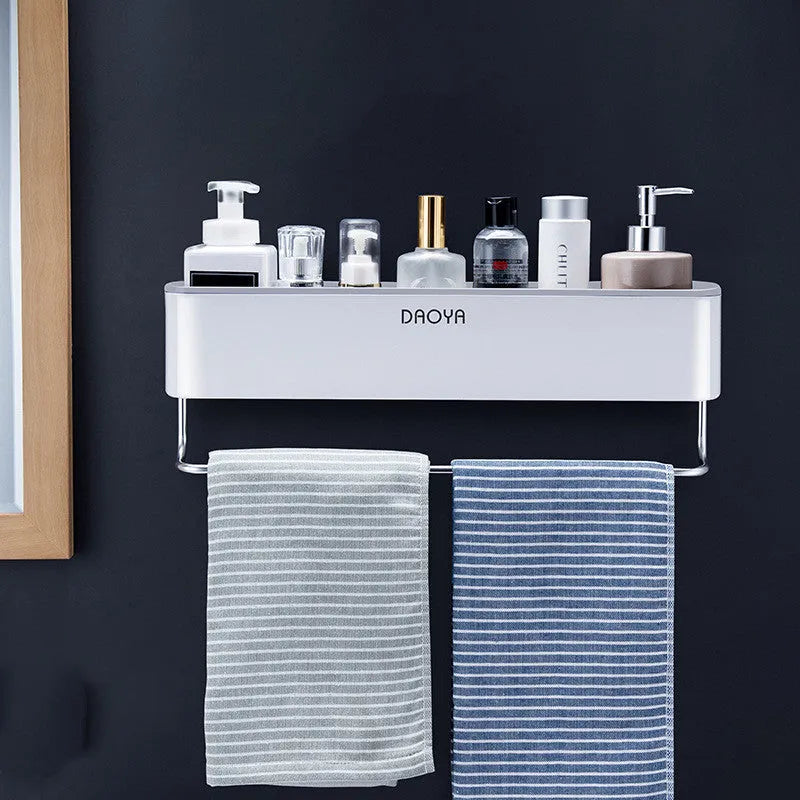 Plastic bathroom wall shelf with hole-free installation for shampoo and cosmetic storage