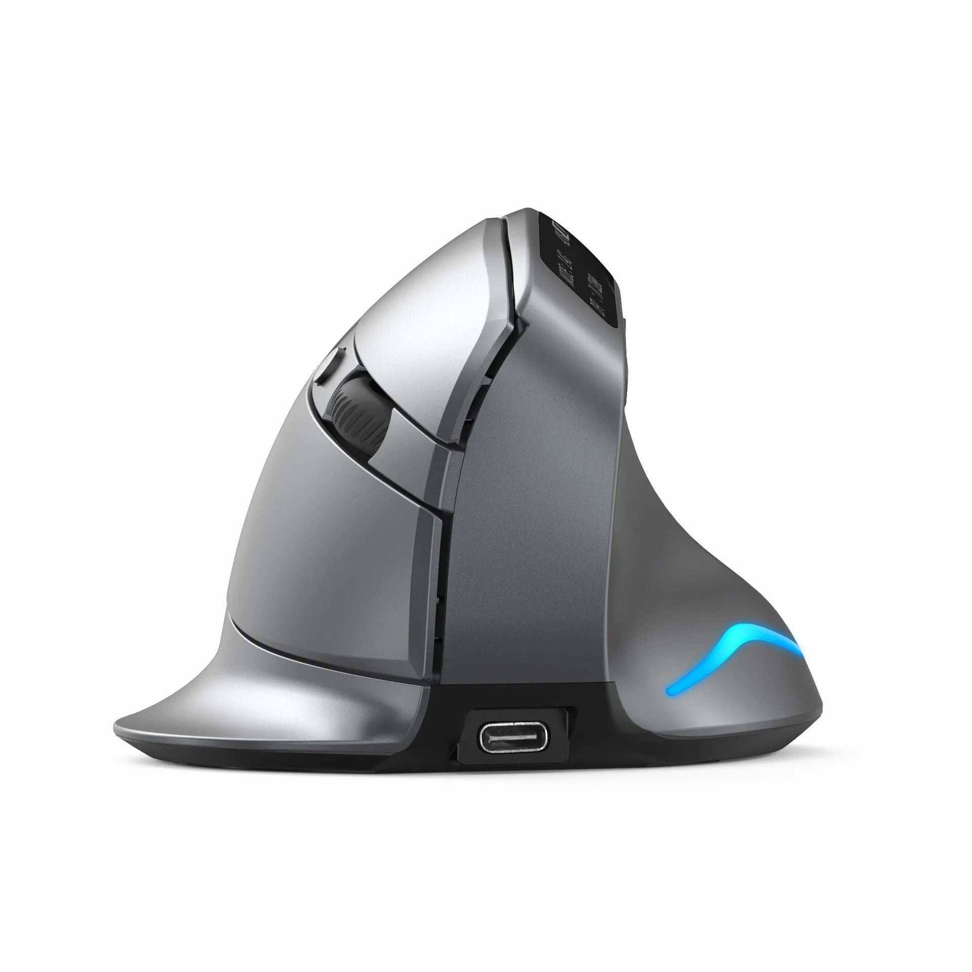 Gray Bluetooth vertical grip wireless mouse with self-charging, shown next to a laptop.