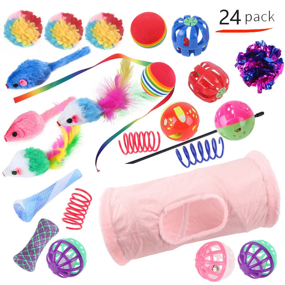 Plastic cat channel toy set with single and double layer options and random colour accessories for indoor cats