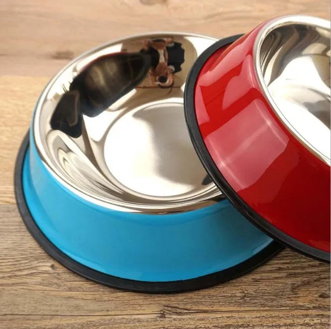 Stainless steel pet bowl with melamine exterior in six colour options showing non-slip base