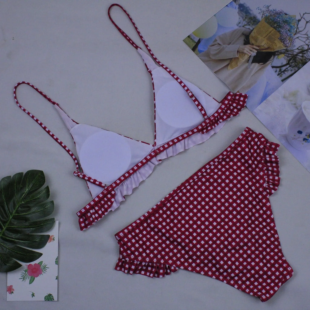 Women's plaid bikini swimwear in red or black with chest pad, lattice pattern, sizes S to XL