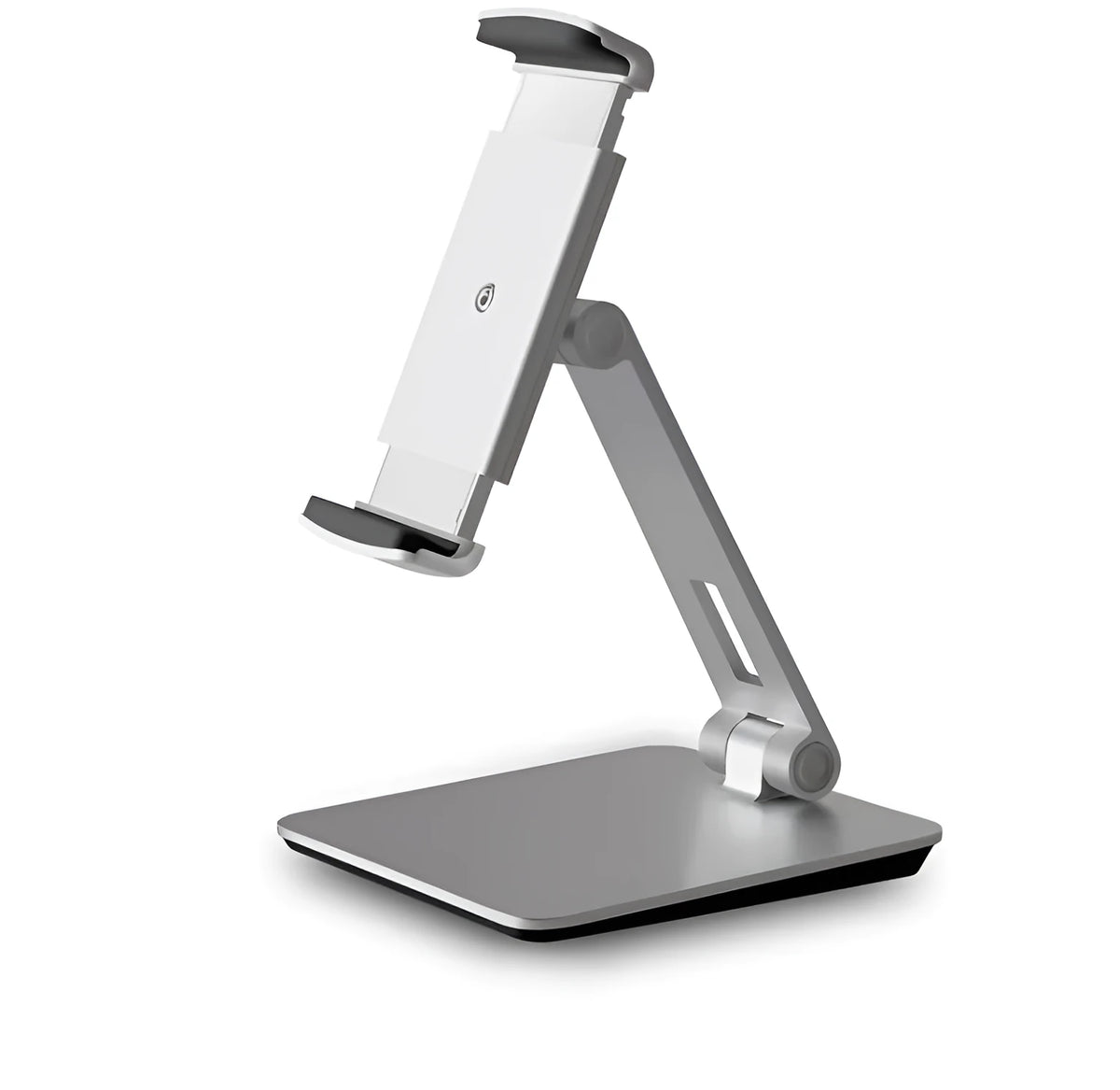 Black folding aluminium desktop stand holding a tablet at an angle, showing 360° rotation and silicone grips.