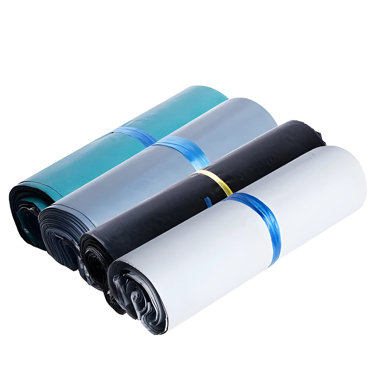 Bundle of 100 white PE courier bags with adhesive sealing strip, showing size options.