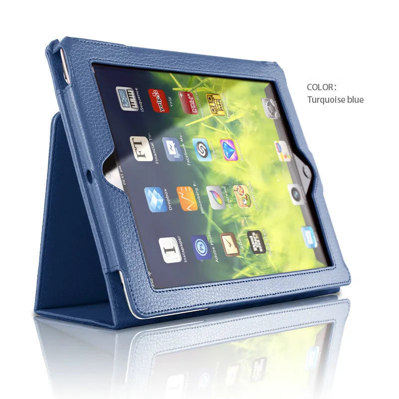Flat protective case for iPad 2 3 4 9.7 inch in imitation leather with two-fold stand, shown in Black.