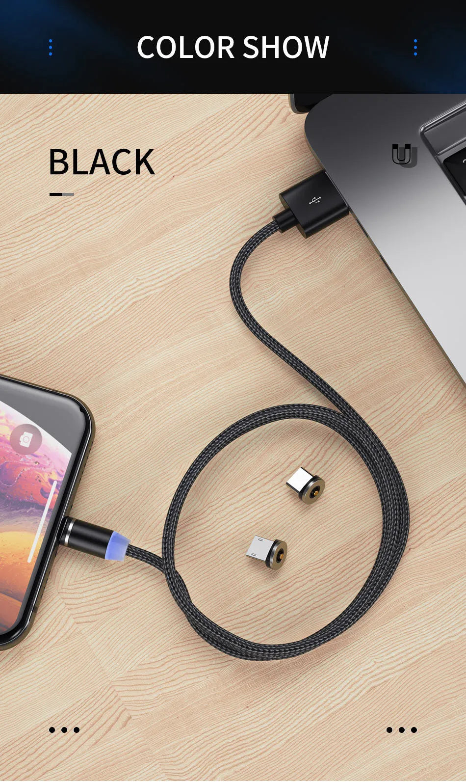 Black magnetic USB charging cable with LED light indicator showing 1 metre length
