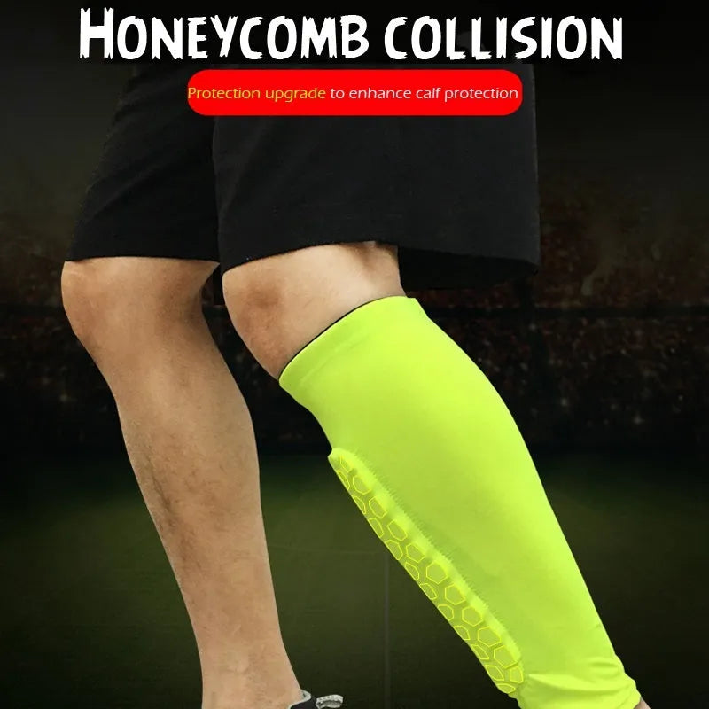Lycra shin guard leg sleeve with silicone band in black, green or blue, sizes M L XL for football and training