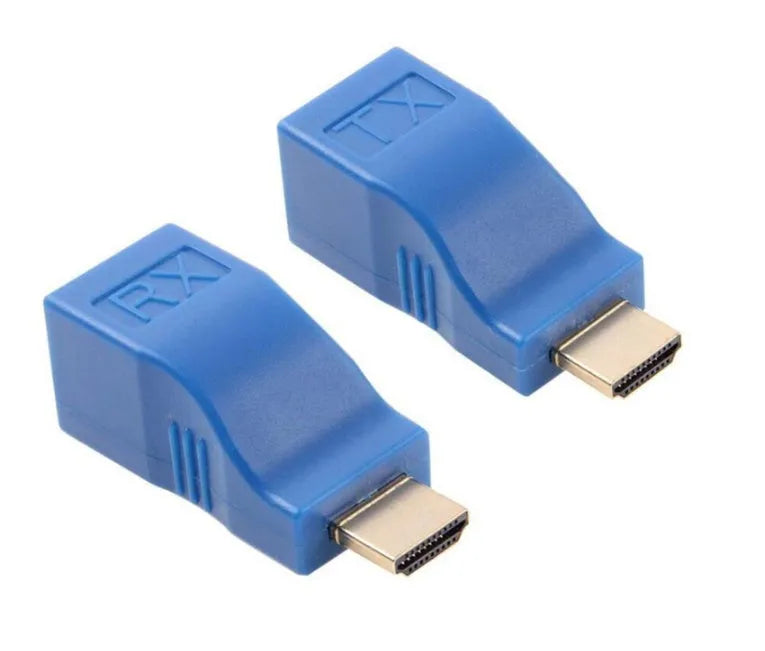 Compact HDMI over Cat5e Cat6 extender transmitter and receiver pair for long distance 1080p signal transmission.