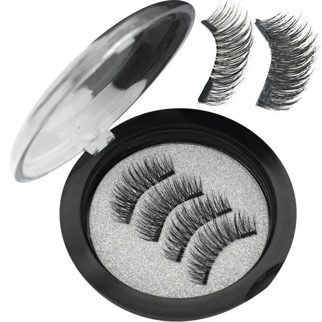 Magnetic eyelashes set with 3+6 small clusters, black box, transparent cover with mirror, and black tweezers option.