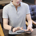 Men's cotton patchwork short sleeve polo shirt with turn-down collar and zip front in grey and black colourway